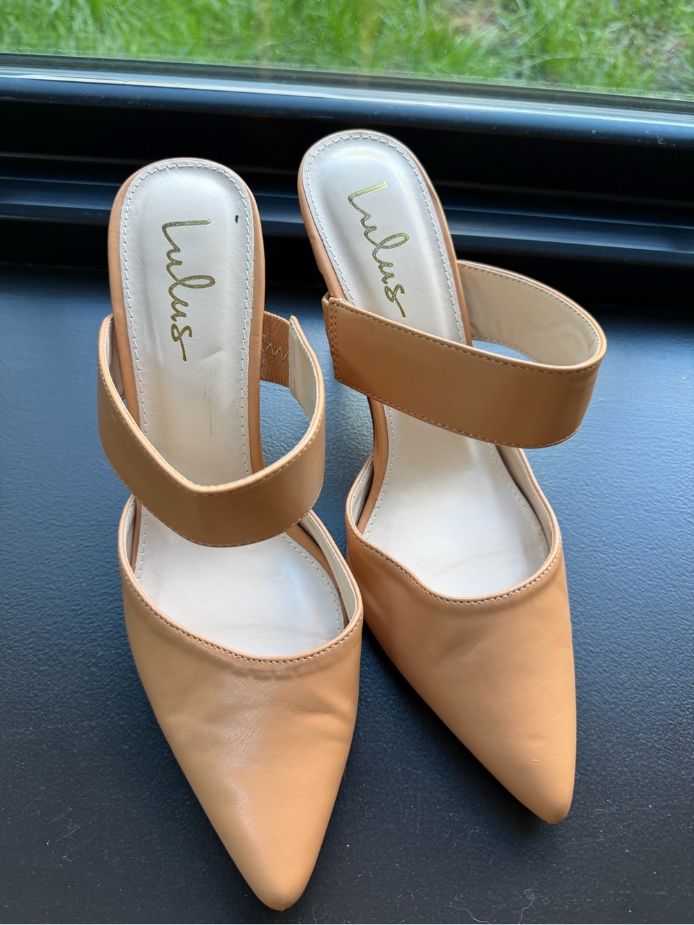 Lulu's Tan Pointed-Toe Mule Heels with Midfoot Strap